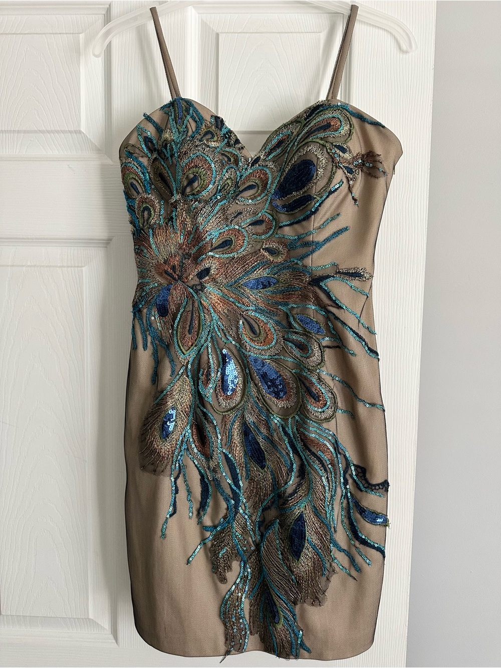 Jovani Taupe Mini Dress with Blue and Teal Peacock Embroidery